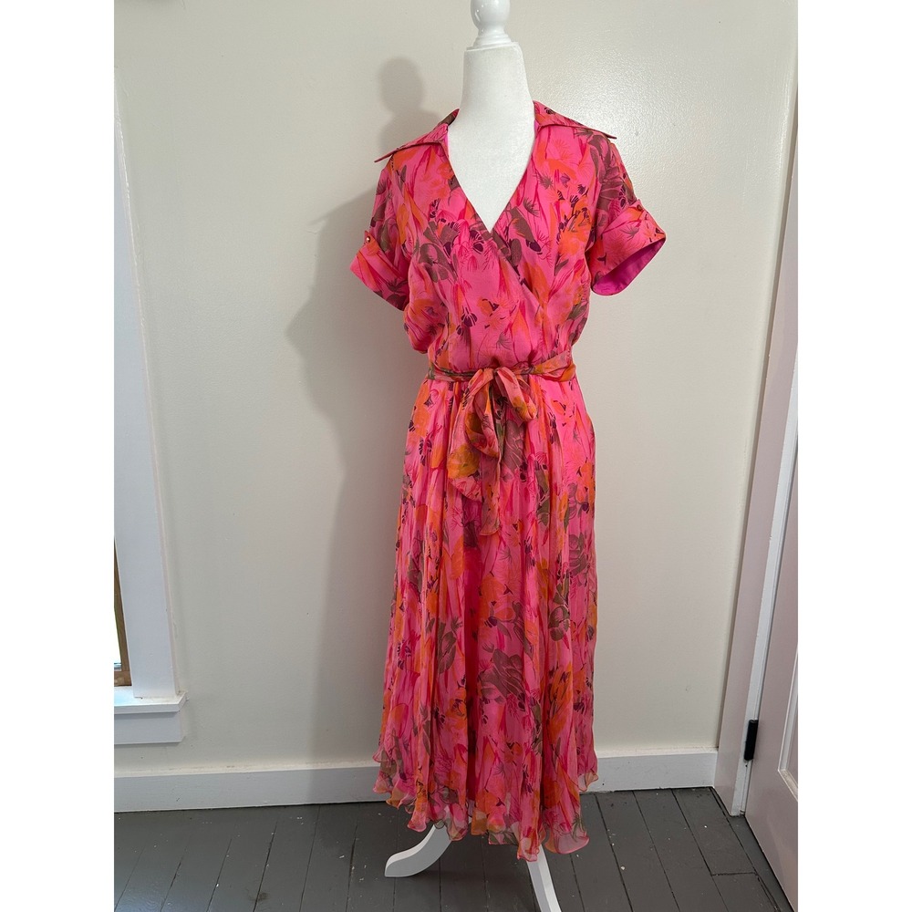 Pink Floral Wrap Silk Midi Dress Short Sleeve Collared Pleated Lettuce Hem Small